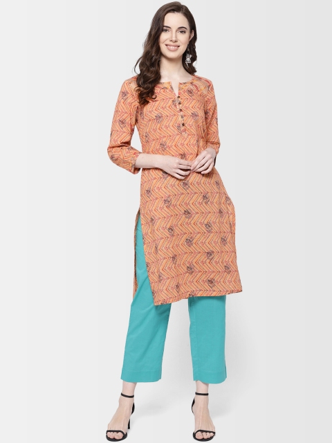 

Fabindia Women Peach-Coloured & Grey Printed Straight Kurta