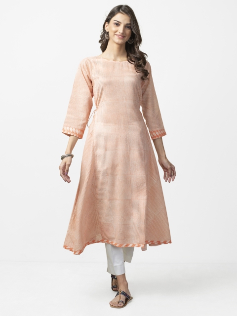 

Fabindia Women Peach-Coloured & White Handblock Stripes A-Line Kurta