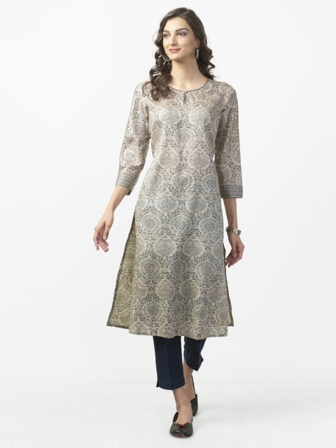 

Fabindia Women Grey & Black Printed Silk Handblock Print Straight Kurta