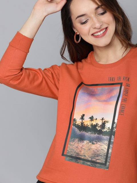

Mast & Harbour Women Orange Printed Sweatshirt