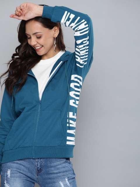 

Mast & Harbour Women Teal Blue & White Placement Print Hooded Sweatshirt