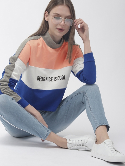 

Mast & Harbour Women White & Blue Colourblocked Sweatshirt