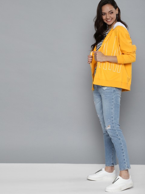 

Mast & Harbour Women Yellow & White Printed Hooded Sweatshirt