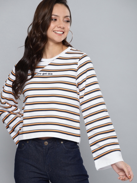 

Mast & Harbour Women White & Navy Blue Striped Cropped Sweatshirt