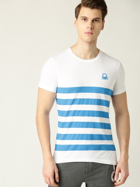 

United Colors of Benetton Men White & Blue Printed Round Neck T-shirt