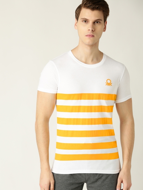 

United Colors of Benetton Men White & Mustard Yellow Striped Round Neck T-shirt