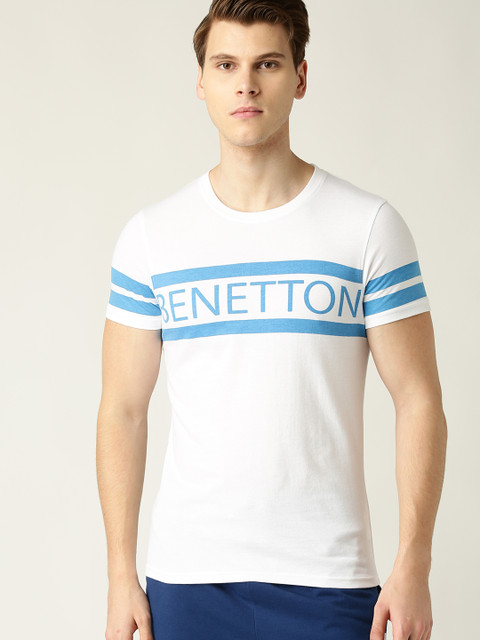 

United Colors of Benetton Men White & Blue Printed Round Neck T-shirt
