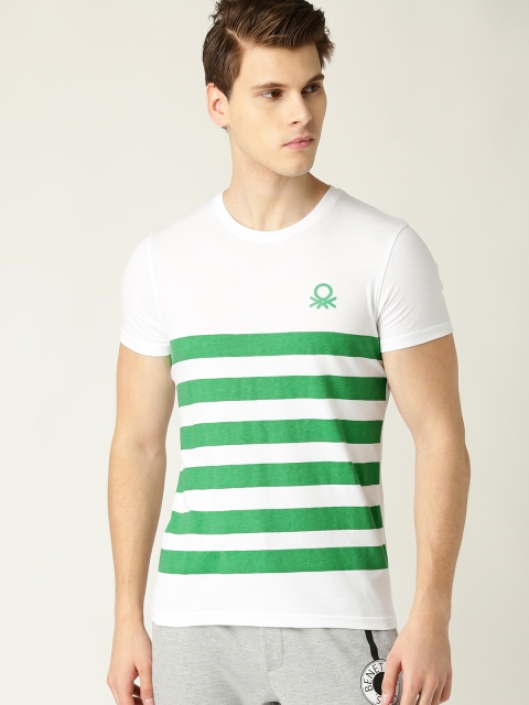 

United Colors of Benetton Men White & Green Striped Round Neck T-shirt
