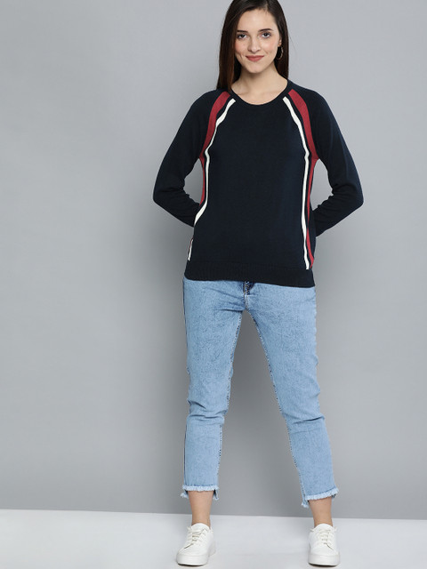 

Mast & Harbour Women Navy Blue Striped Sweater