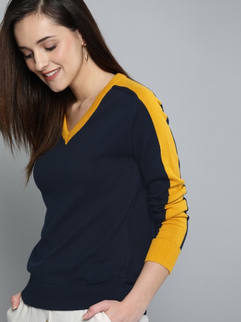 

Mast & Harbour Women Navy Blue & Mustard Yellow Solid Sweater