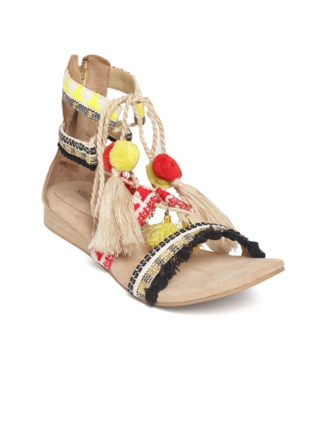 

Crave Connect Women Beige & Red Woven Design Open Toe Flats with Tassel & Pom Pom Detail