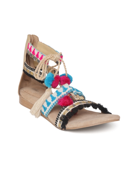

Crave Connect Women Beige & Black Woven Design Open Toe Flats with Pom Pom Detail