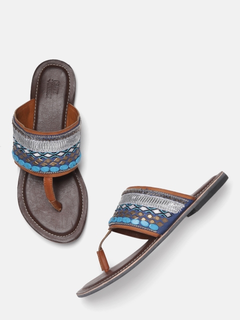 

Crave Connect Women Blue & Brown Embellished T-Strap Flats