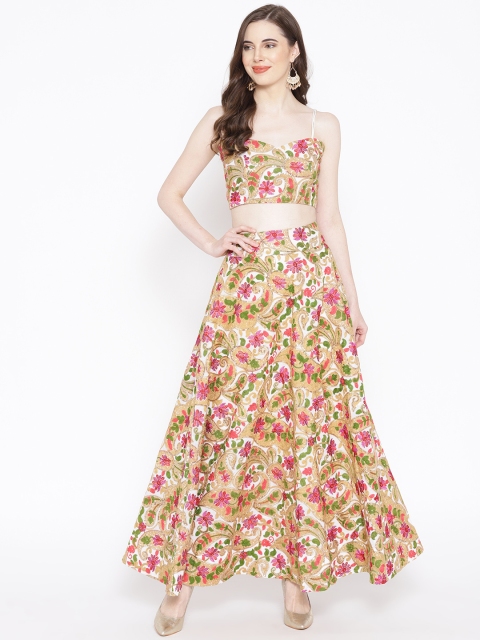 

PRIYANKA CHOUDHARY Women Beige & Pink Embroidered Two Piece Dress