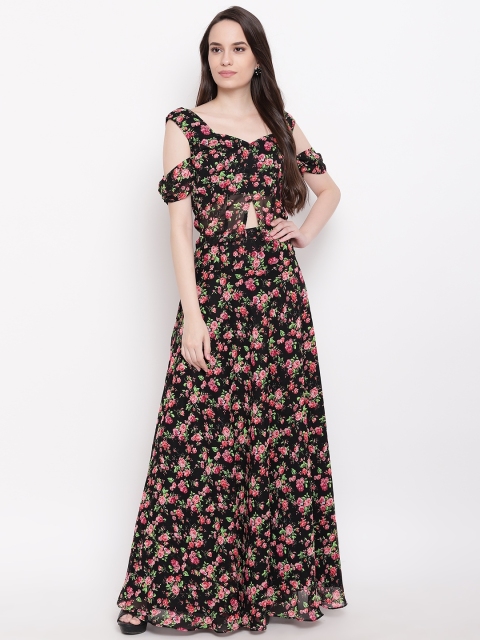 

PRIYANKA CHOUDHARY Women Black & Pink Floral Print Maxi Dress