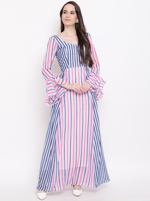 

PRIYANKA CHOUDHARY Women White and Navy Blue Striped Maxi Dress