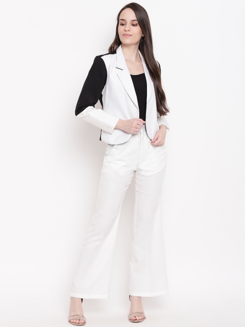 

PRIYANKA CHOUDHARY Women Off-White & Black Slim Fit Solid Blazer With Trousers