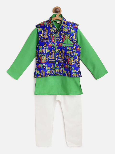 

BownBee Boys Green & White Solid Kurta with Pyjamas & Ethnick Jacket