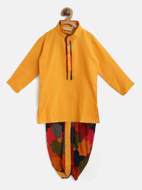 

BownBee Boys Mustard Yellow & Green Solid Kurta with Dhoti Pants