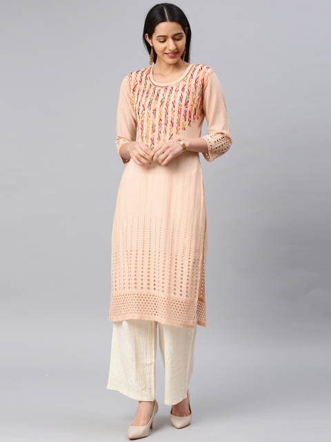 

Saadgi Women Beige Embroidered Straight Chikankari Kurta