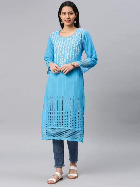 

Saadgi Women Blue Embroidered Straight Chikankari Kurta