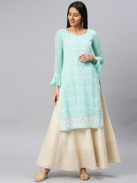 

Saadgi Women Blue & White Embroidered Straight Chikankari Kurta