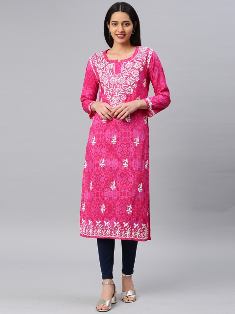 

Saadgi Women Pink & White Chikankari Embroidered Straight Handloom Kurta