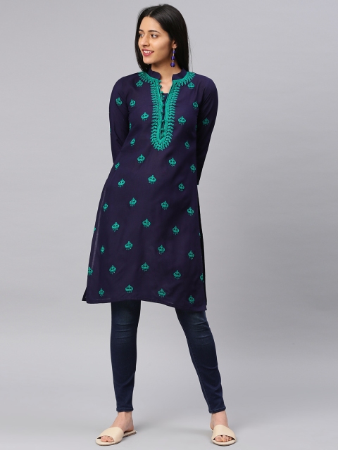 

Saadgi Women Navy Blue Embroidered A-Line Kurta