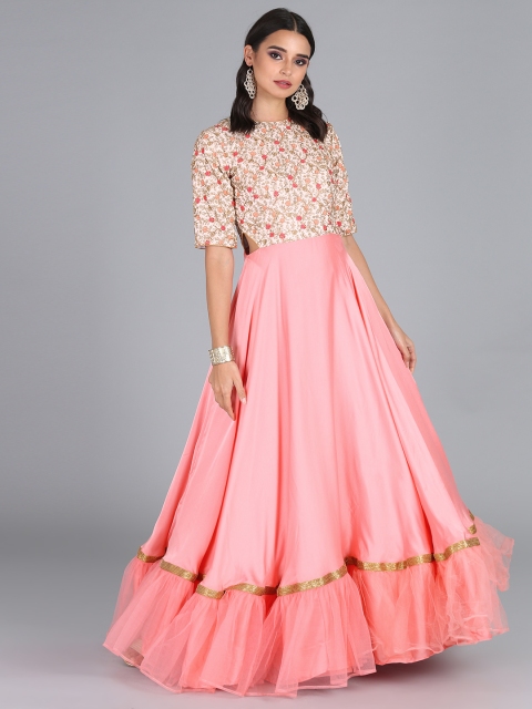 

EthnoVogue Women Pink Made to Measure Solid Cocktail Gown With Embroidered Detail