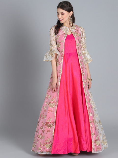 

EthnoVogue Women Coral Pink & Off White Printed Fit and Flare Gown Dress