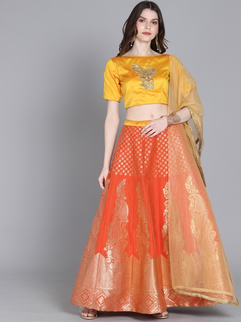 

EthnoVogue Mustard Yellow & Rust Orange Printed Made to Measure Lehenga Choli