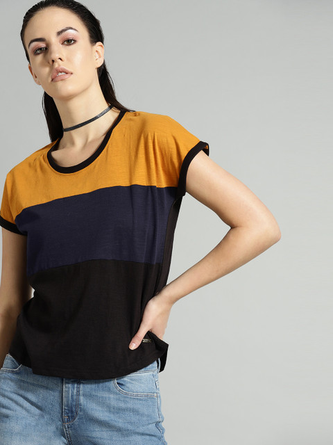 

Roadster Women Black & Mustard Yellow Colourblocked Round Neck T-shirt