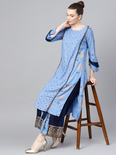 

Ishin Women Blue & Golden Printed Kurta with Palazzos