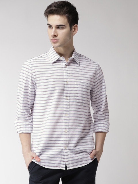 

Marks & Spencer Men White & Navy Blue Striped Casual Shirt