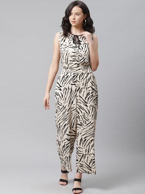 

Marks & Spencer Women Off-White & Black Tiger Print Basic Jumpsuit