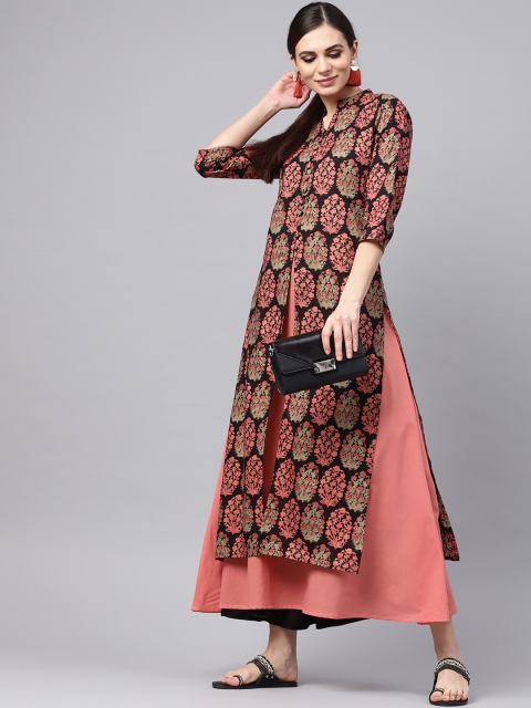 

Idalia Women Black & Peach-Coloured Printed Layered A-Line Kurta