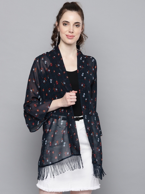 

Trend Arrest Navy Blue & Orange Printed Open Front Shrug