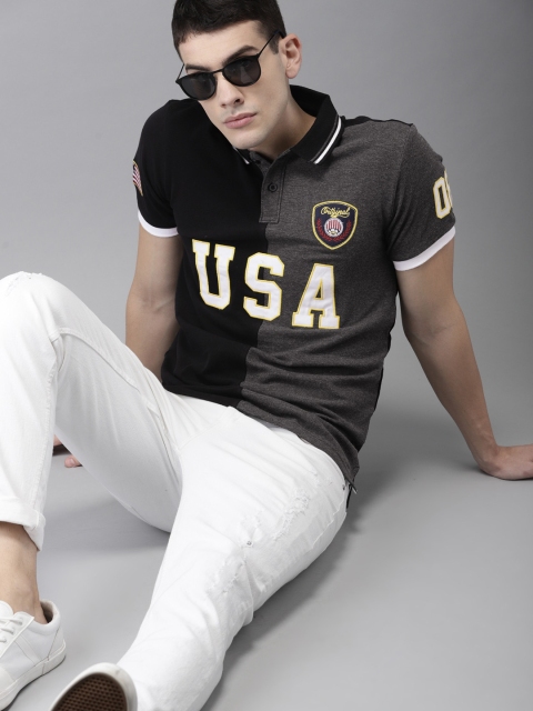 

Moda Rapido Men Black & Charcoal Grey Colourblocked Polo Collar T-shirt