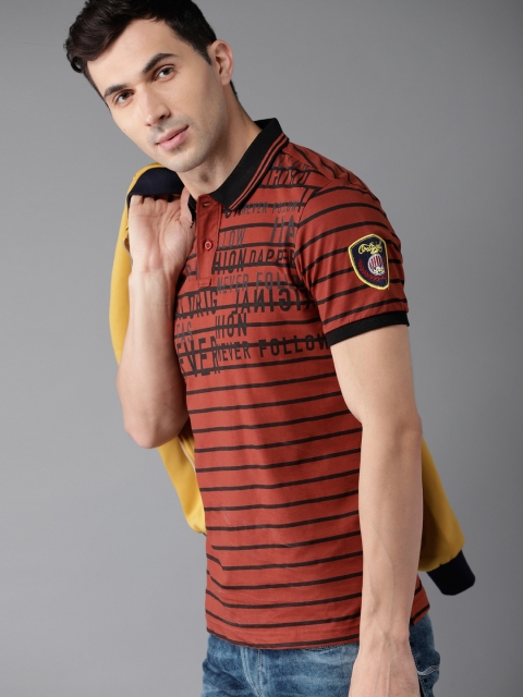 

Moda Rapido Men Rust Orange Black Striped Polo Collar Pure Cotton T-shirt