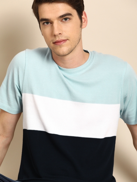 

ether Men Blue & White Colourblocked Round Neck T-shirt