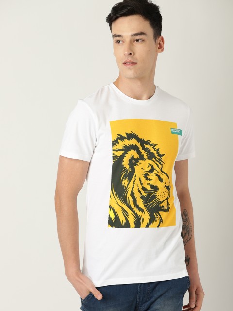 

United Colors of Benetton Men White & Yellow Printed Round Neck T-shirt