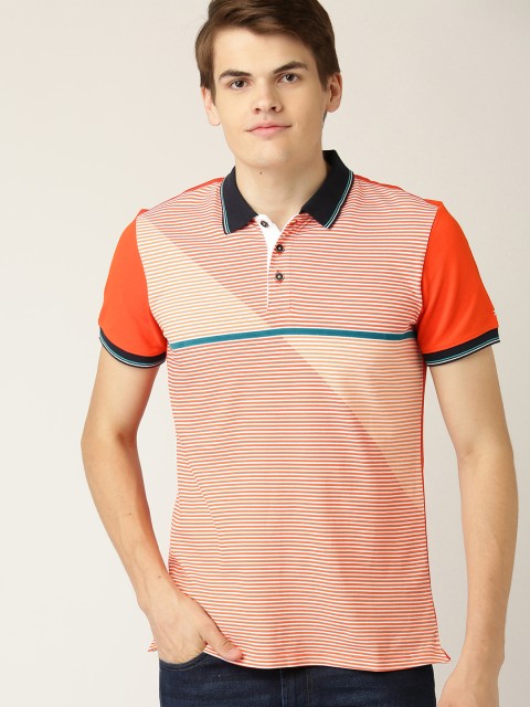 

United Colors of Benetton Men Orange Striped Polo Collar T-shirt