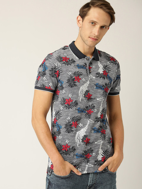 

United Colors of Benetton Men Grey & Red Printed Polo Collar T-shirt