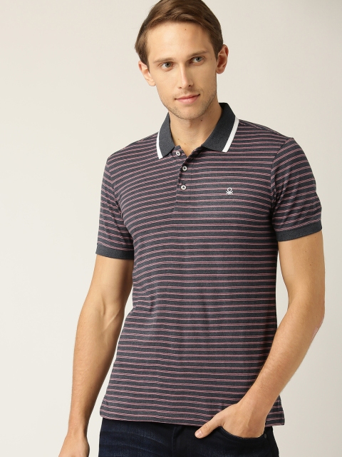 

United Colors of Benetton Men Navy Blue & Pink Striped Polo Collar T-shirt