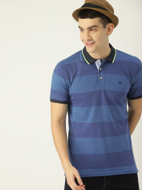 

United Colors of Benetton Men Blue Striped Polo Collar T-shirt