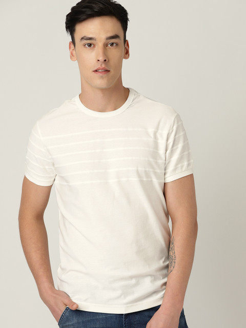 

United Colors of Benetton Men Off-White Self-Striped Round Neck T-shirt
