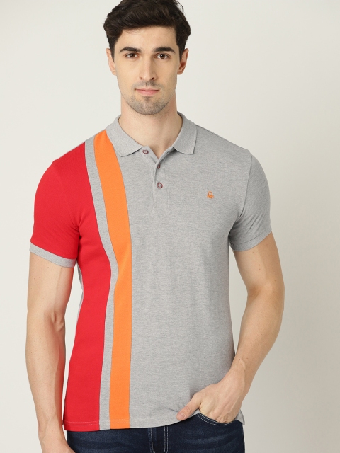 

United Colors of Benetton Men Grey Melange Colourblocked Polo Collar T-shirt