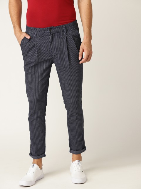 

United Colors of Benetton Men Navy Blue & Grey Regular Fit Striped Trousers