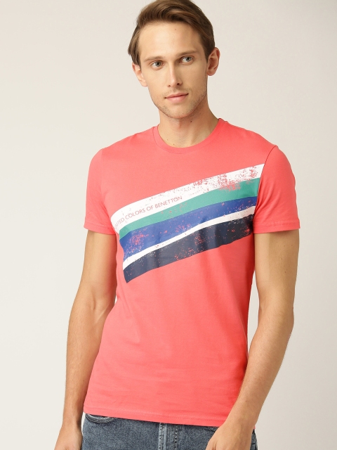 

United Colors of Benetton Men Peach-Coloured Printed Round Neck T-shirt