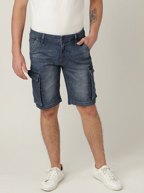 

United Colors of Benetton Men Navy Blue Washed Slim Fit Denim Cargo Shorts